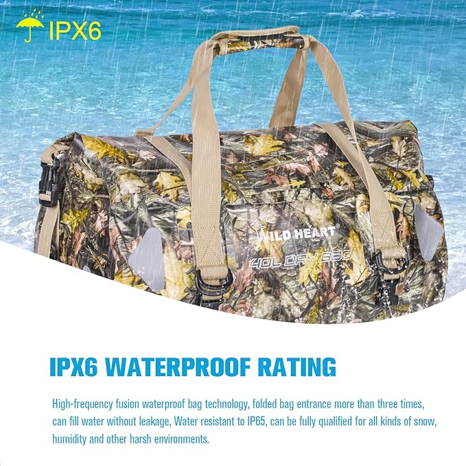 WILD HEART Waterproof Motorcycle Duffel Bag PVC500D Double-bottom With Rope Straps and Inner Pocket 40L 66L 100L for Kayaking, Camping, Boating,Motorcycle