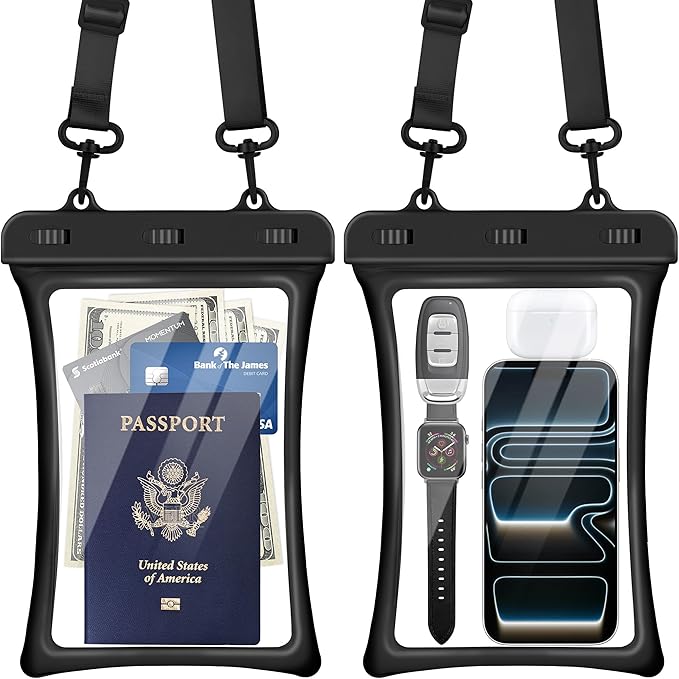 CACOE [Floatable Floating Universal IPX8 Waterproof Phone case 2 Pack-Up to 10.0",Adjustable Lanyard Phone Pouch,Cellphone Dry Bags for Vacation Beach Pool Kayak Cruise Travel Essentials（Black+Black）