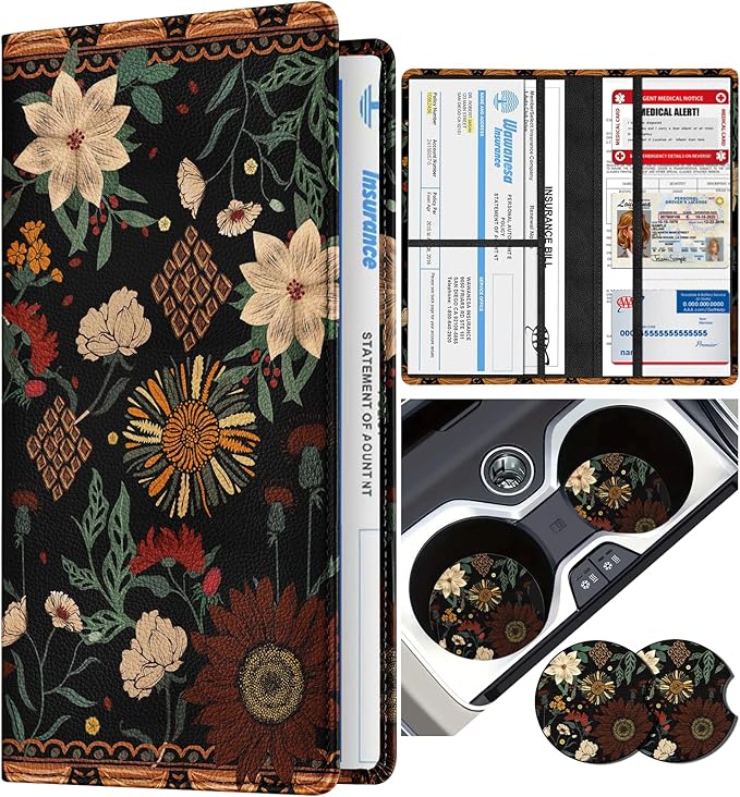 Slohif Car Registration and Insurance Holder - Boho Vehicle Glove Box Organizer Women with Magnetic Shut Leather Automobile License Holders Coasters Auto Accessories Case for Document