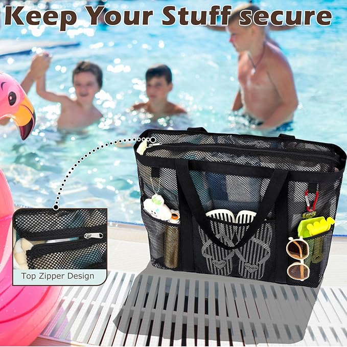 Mesh Beach Bag, Large Beach Tote with Zipper Pocket for Family Pool Bag for Toys & Vacation Essentials