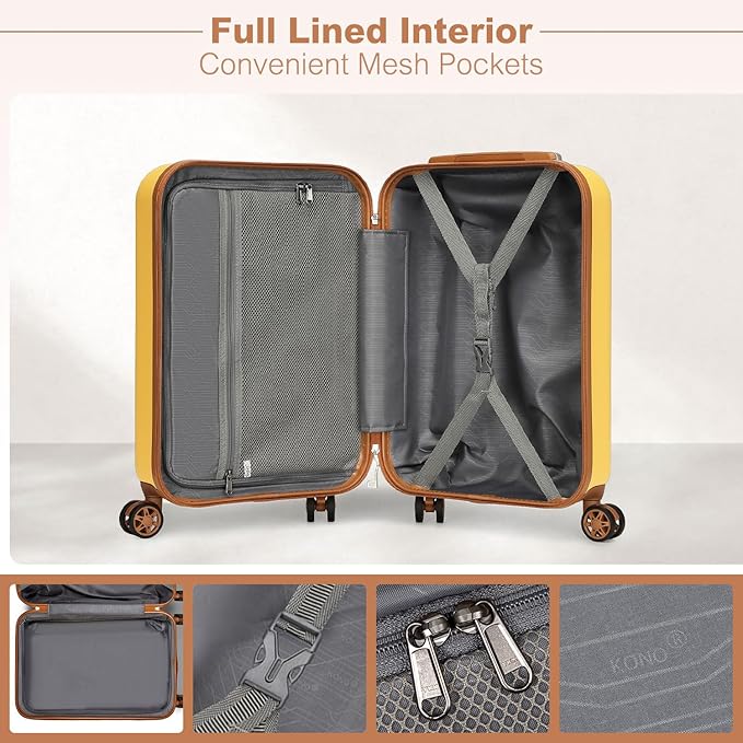 Kono Carry On Luggage 22x14x9 Airline Approved Lightweight Hardside Suitcase with Spinner Wheels & Built-in TSA Lock (Yellow, 20 Inch)