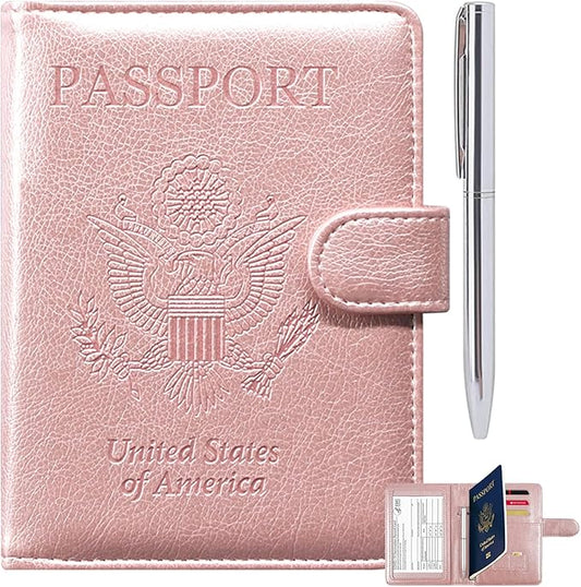 RSAquar Passport and Vaccine Card Holder Combo, Passport Holder Cover Wallet, Leather Card Case Travel Accessories with RFID Blocking for Women and Men, Rose Gold