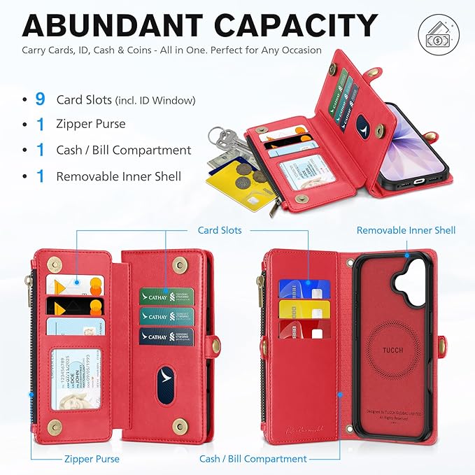TUCCH Detachable Crossbody Wallet Case for iPhone 17 6.3", 9 Card Slots RFID Blocking | Stand | Lanyard | Wrist Strap | Wireless Charging | Zipper Pocket | PU Leather | Magnetic Flip Cover | Red
