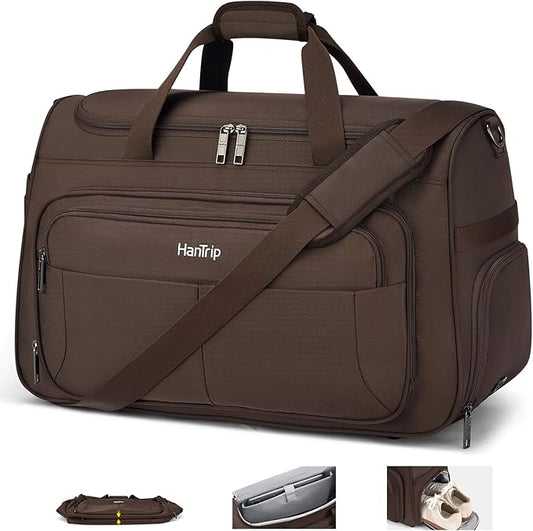 HanTrip Carry on Duffel Bag Foldable Duffle Bags for Travel, Large Personal Item Bags for Airplanes, Weekender Overnight Mens Travel Tote Bag for Women Softside Carry on Luggage (Coffee)