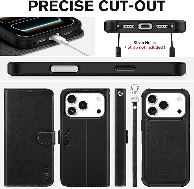 TUCCH 2-in-1 Detachable Wallet Case for iPhone 17 Pro (6.3-inch) 2025, Wireless Charging | RFID Blocking 4 Card Holder | Wrist Strap | Kickstand | Magnetic | PU Leather | Protective Flip Cover | Black