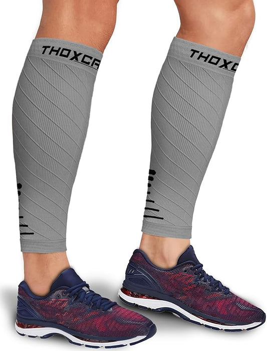 Thoxcare Calf Compression Sleeve for Men Women (1 Pair), Leg Support Footless Compression Socks for Running - Shin Splint Varicose Veins Swelling & Pain Relief, Gray/Black, X-Large