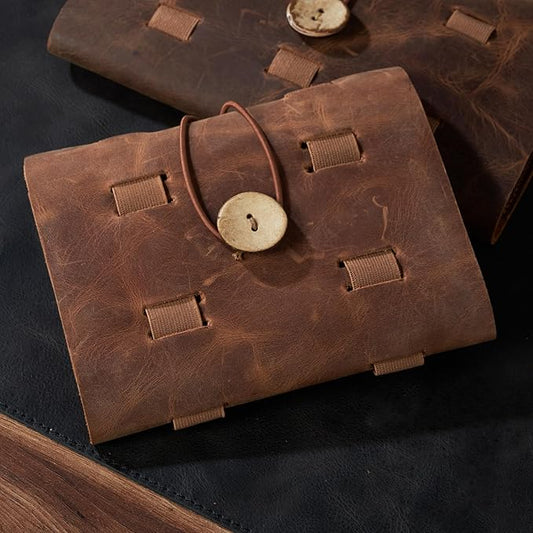 HARDISTON Custom Genuine Leather Electronic Cable Organizer Bag Handmade Travel Cord Organizer Roll Case for Hard Drives, Cables, Charger, Phone, USB, SD Card (Medium - Brown)