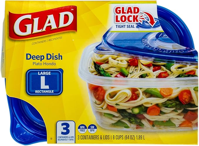 Glad GladWare Deep Dish Food Storage Containers, Large Rectangle - Meal Container Holds up to 64 Ounces of Food - Lock Tight Seal, 3 Count - 6 Pack