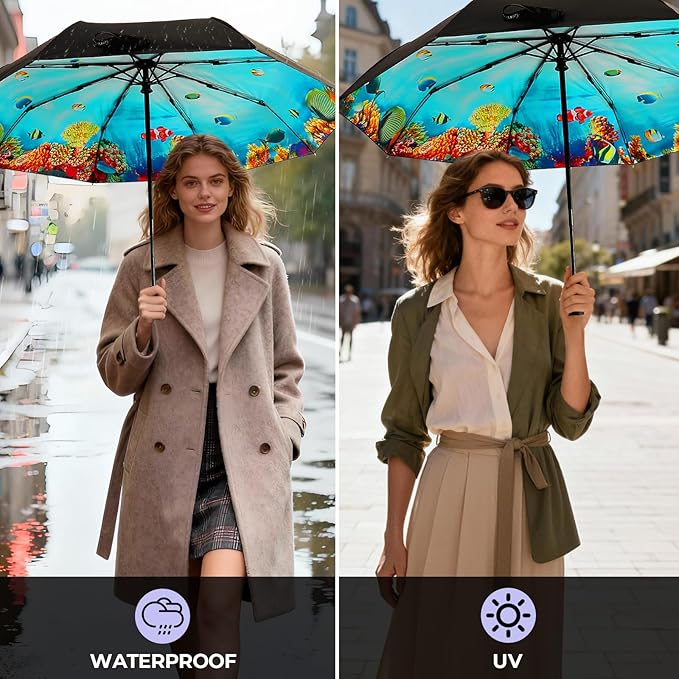 LLanxiry Compact Travel Umbrella, 44" Canopy, Automatic Open/Close Windproof Umbrella, 210T Pongee, 8-Rib Fiberglass, Travel Size Mini, Portable Rain/Sun Umbrellas UPF 50+ with Cover