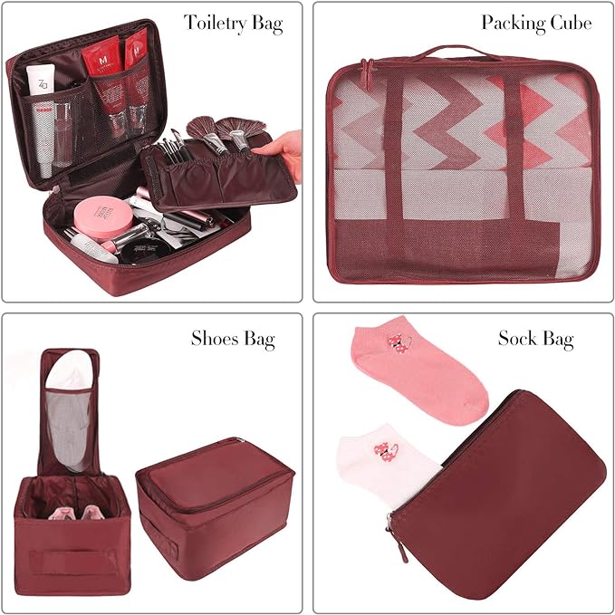 BAGAIL 8 Set Packing Cubes Luggage Packing Organizers for Travel Accessories-Wine Red