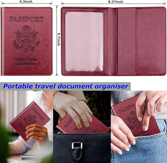 Herain Passport Holder 2Pcs, Passport Cover Wallet Case for Women Men Family, Passports Book Holders Travel Must Haves Cruise Ship Essentials (Dark Blue & Wine red)