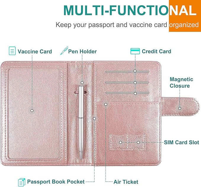 RSAquar Passport and Vaccine Card Holder Combo, Passport Holder Cover Wallet, Leather Card Case Travel Accessories with RFID Blocking for Women and Men, Rose Gold