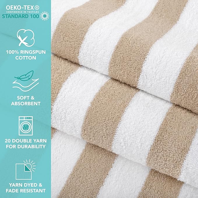 Arkwright California Cabana Stripe Beach Towel Bulk - Case of 24, Large Soft Quick Dry Cotton Terry Towels Set for Pool, Swim, and Hot Tub, Oversized 30 x 70 in, Beige