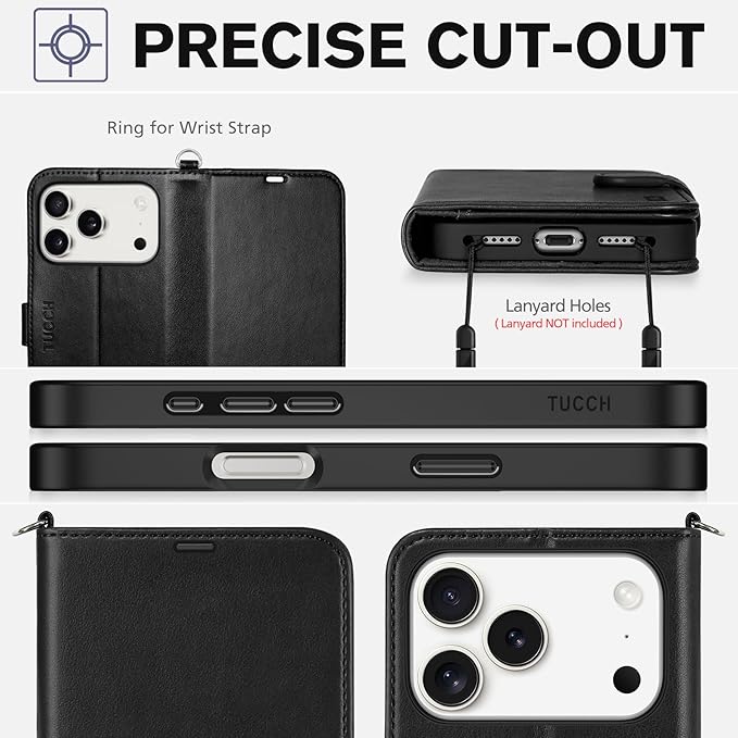 TUCCH Wallet Case for iPhone 17 Pro (6.3") 2025, Wrist Strap RFID Blocking 4 Card Slots, Kickstand, Shockproof TPU Shell, PU Leather, Magnetic Closure, Protective Flip Folio Cover, Black