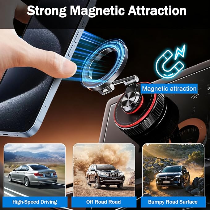 Magnetic Car Phone Mount, 120+ LB Vacuum Suction & 3000gf Magnetic Force, 360° Triple-Axis Adjustable Car Holder for iPhone & All Phones, Twist-Lock Suction Cup, Quick-Release – Black