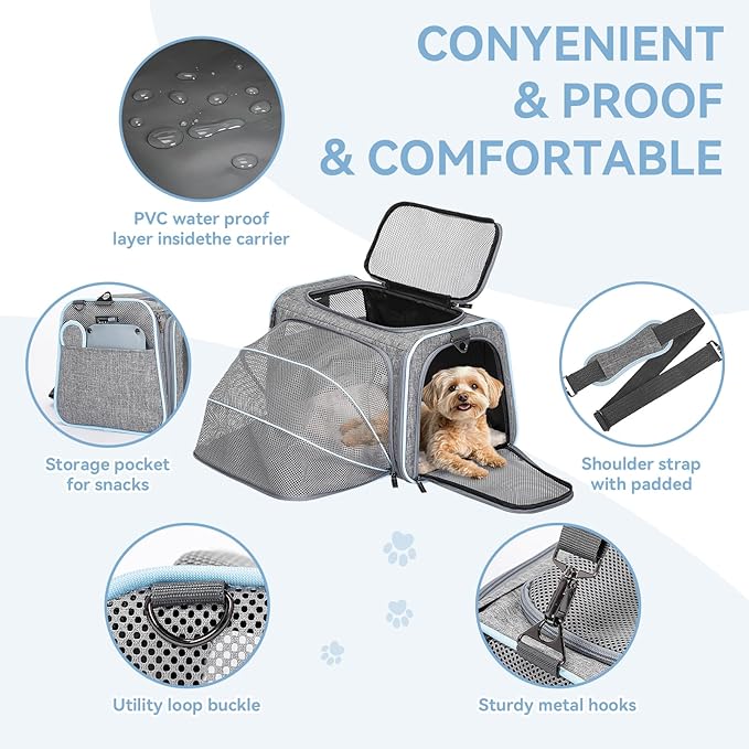 Petsfit Expandable Large Cat Carrier Small Dog Carriers Airline Approved, 17" Lx 11" Wx 11" H Soft-Sided Portable Washable Pet Travel Carrier with 2 Extension for Kittens, Puppies, Rabbits