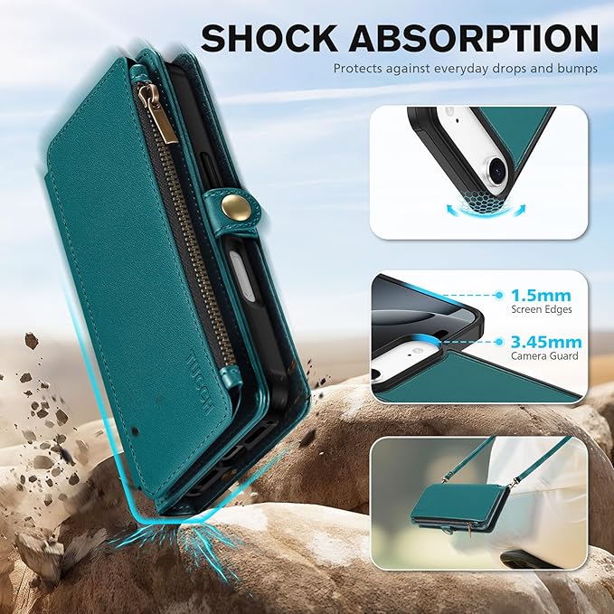TUCCH Detachable Crossbody Wallet Case for iPhone Air (6.5"), 9 Card Holders RFID Blocking | Lanyard | Wrist Strap | Wireless Charging | Zipper Pocket | PU Leather | Stand Flip Cover | Bluish Green