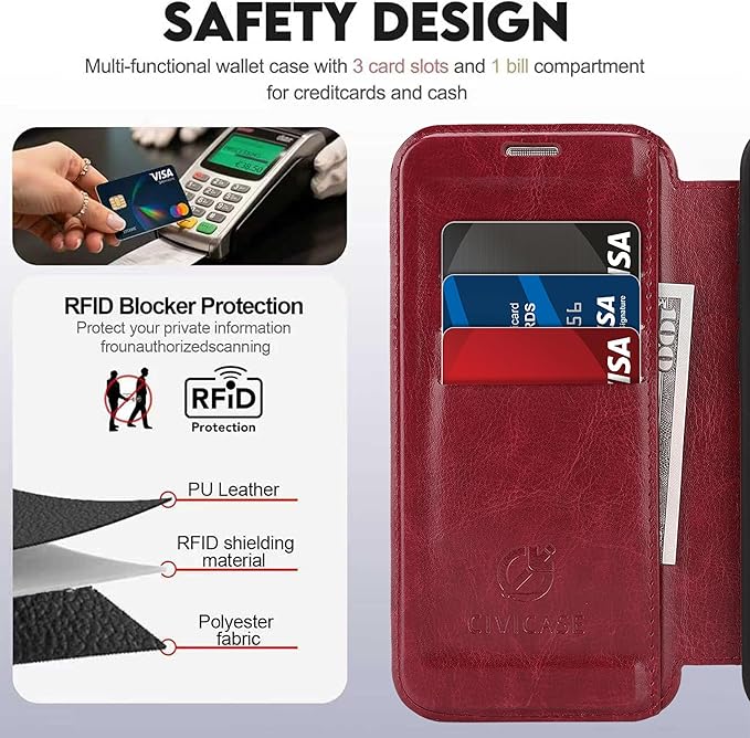 CIVICASE for iPhone 13 Pro Wallet Case with Stand,PU Leather Flip Credit Card Holder Slots (RFID Blocking),Compatible with Magsafe Magnetic Holder Phone Cover Women Men,Wine Red