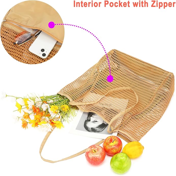 Mesh Beach Bag for Women, Casual Hobo Bags Large Beach Tote for Pool Travel Cruise Vacation Essentials