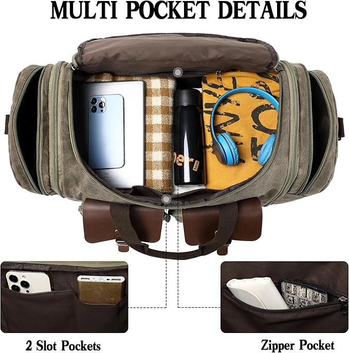 Waxed Canvas Duffle Bag for Men 60L Travel Duffel Bags Expandable Genuine Leather Duffel Overnight Weekender Carry On Bag Two Zipper Pockets Travel Bag (Vintage Grey, X Large-60L)