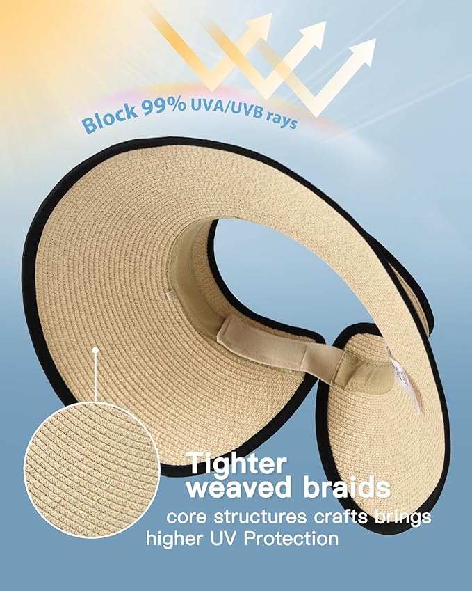 FURTALK Sun Hats for Women Wide Brim Beach Hat Straw Visor Ponytail Summer UV Packable Foldable Beach Vacation Essentials
