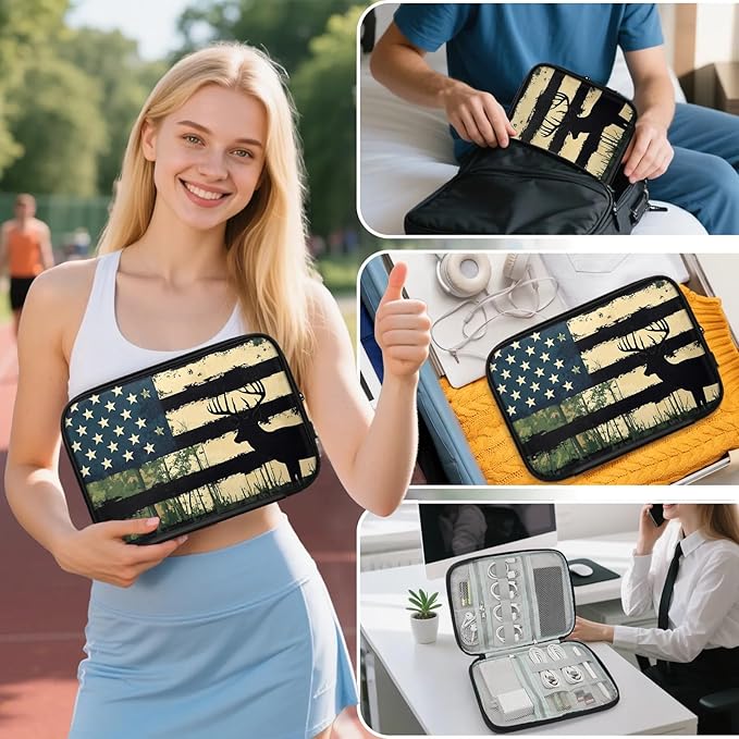 Forest Deer Elk Travel Cable Organizer Pouch Camo American Flag Electronics Accessories Carry Case Portable Water Resistant Storage Bag for Cord Charger Phone Earphone SD Card
