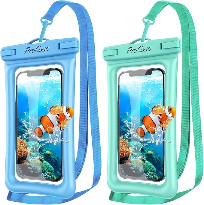 2 Pack ProCase Floating Waterproof Phone Pouch Up to 7", IPX8 Floatable Underwater Phone Case Dry Bag for iPhone 17/Air 16 15 14 13 12 11 Pro Max Xs Max XR X 8 7 Plus SE/Galaxy S24 S23 S22 - BlueGreen