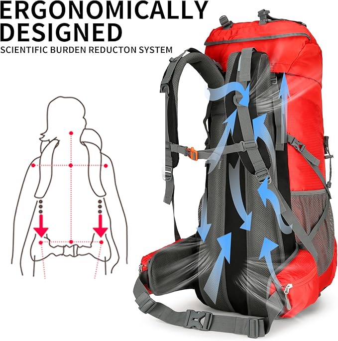 Hiking Backpack for Men and Women 70L+5L Waterproof Lightweight Camping Daypack with Rain Cover for Outdoor Travel Mountaineering - Frameless (Red)