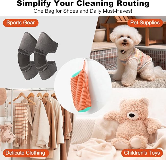 Shoe Washing Machine Bag - Laundry Shoe Bag (2-Pack) Includes 3 Laundry Bags, Reusable, Washer & Dryer Safe, 360° Deep Cleaning for All Shoe Types, Self-Locking Zipper(Orange)