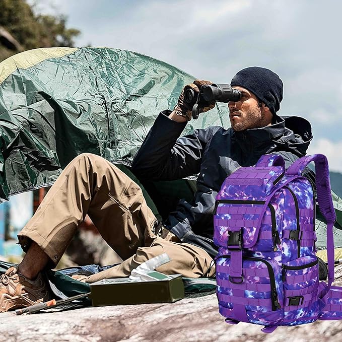 HongXingHai 50L Military Tactical Backpack 3 Day Assault Pack Molle Daypack Hiking Backpack for Men and Women (Purple Tie-Dye)