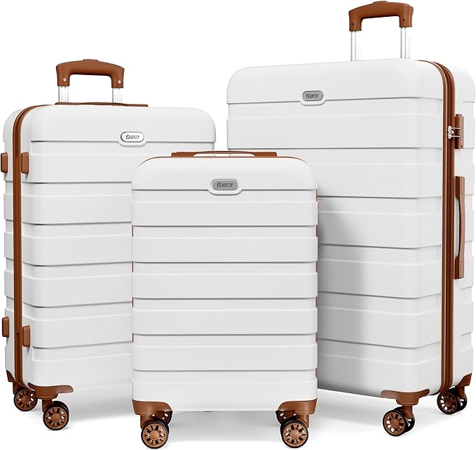 AnyZip Luggage Sets 3 Piece Hardshell Suitcase Set PC ABS Lightweight Travel Suitcases with 4 Double Spinner Wheels TSA Lock 20 24 28 Inch White Brown