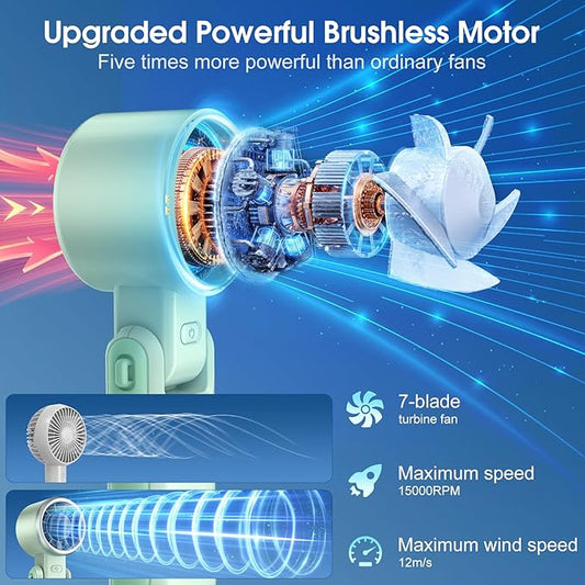 WHATOOK Portable Handheld Turbo Fan: Mini Fans with 5 Gear Wind, 4000mAh Battery Operated Rechargeable, Up to 12 Working Hours, 3 IN 1 Hand Fans for Outdoor, Travel, Working, Shopping (Green)