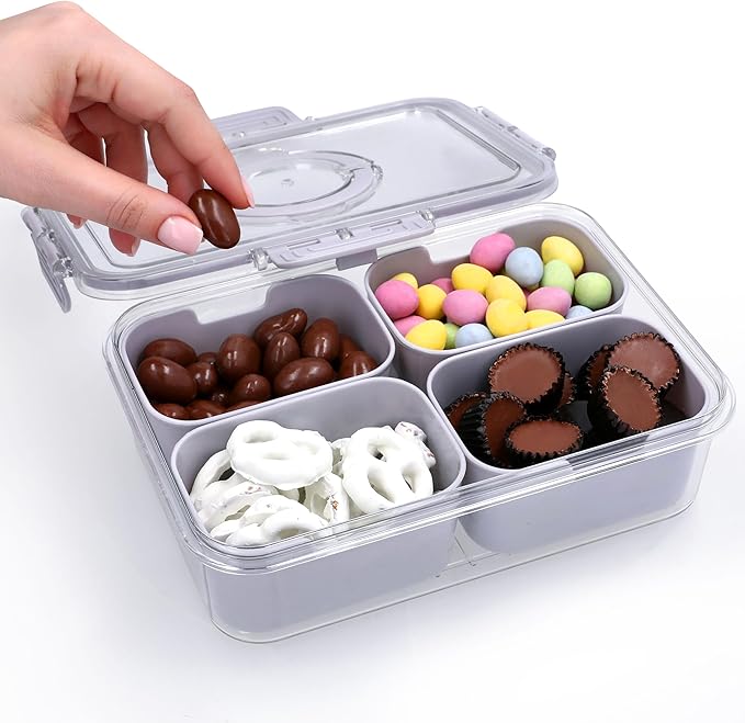 Snackle Box Container with Lid- Travel Charcuterie Box with Handle - Organizer for Candy, Fruit, Nuts, Veggies, Snacks, Beach Essentials, Portable Lunch Box (Grey, Small)