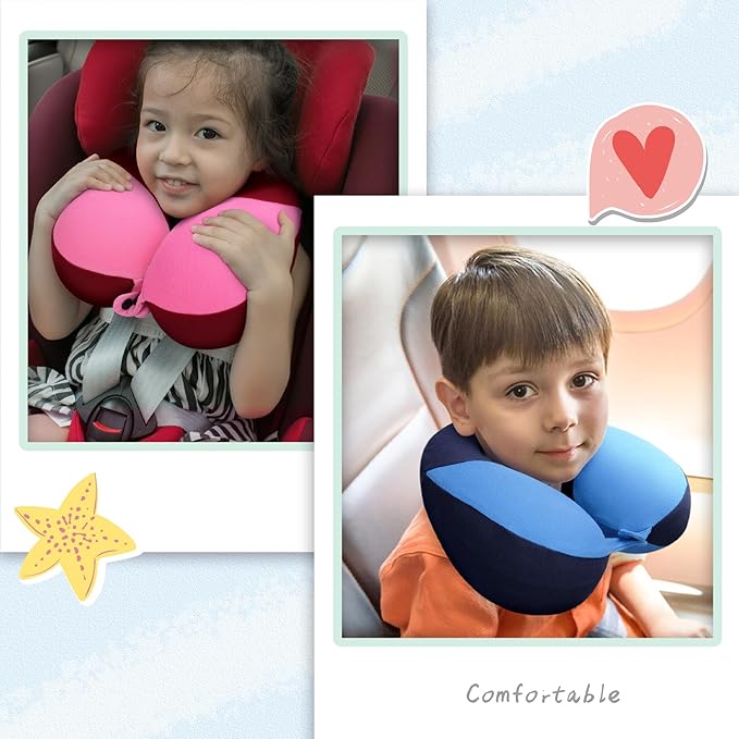 COOLBEBE Kids Travel Neck Pillow 2PCS Softly Double Support Neck Pillow for Car & Airplane, Traveling Gifts for Toddler & Children(Blue & Pink)