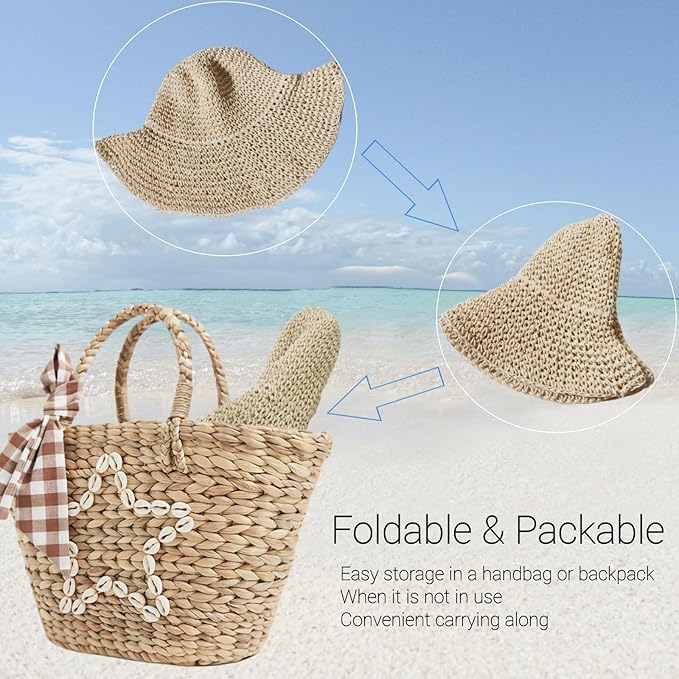 Floppy Big Beach Straw Hats for Women Foldable Summer Wide Brim Packable Sun Hat Womens Travel Straw Fedora Hat