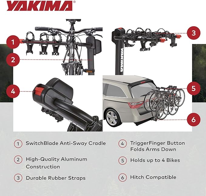 Yakima DoubleDown 4 Hitch Mount Bike Rack, 4-Bike Carrier for Car, SUV & Truck - Fits 2” & 1.25” Receivers, Tilting Rear-Mounted Bicycle Holder with Anti-Sway Cradles & Folding Arms