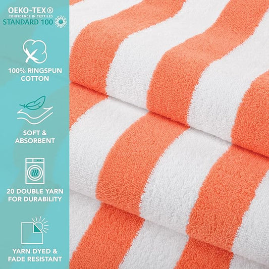 Arkwright California Cabana Stripe Beach Towel - Pack of 4, Large Soft Quick Dry Cotton Terry Towels Set for Pool, Swim, and Hot Tub, Oversized 30 x 70 in, Coral