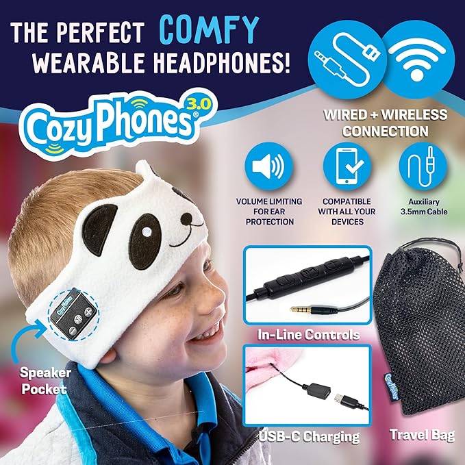 Toddler Headphones Wireless, Kids Bluetooth Earphones, Safe Volume - Wired School Headphones for Kids with 3.5 MM Jack and Travel Bag - Toddler Airplane Accessories for Boys & Girls - Panda