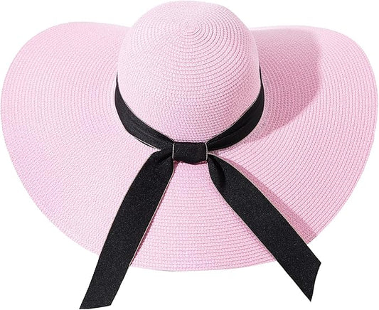 Lanzom Womens Wide Brim Straw Hat Big Floppy Foldable Roll up Cap Beach Sun Hat UPF 50+