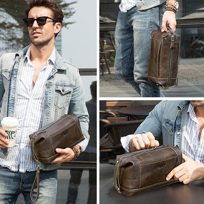 Travel Organizer Bag, Top Grain Leather, Handmade Vintage Design, Large Size & Multi Pockets, Portable Travel Storage Bag for Phone, USB Cable, Charger, Notebook, Cash, Cosmetics, Toiletries