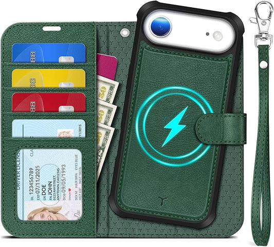 TUCCH 2-in-1 Removable Wallet Case for iPhone Air (6.5-inch) 2025, Wireless Charging | RFID Blocking 4 Card Holder | Wrist Strap | Kickstand | Magnetic | PU Leather | Protective Cover | Dark Green