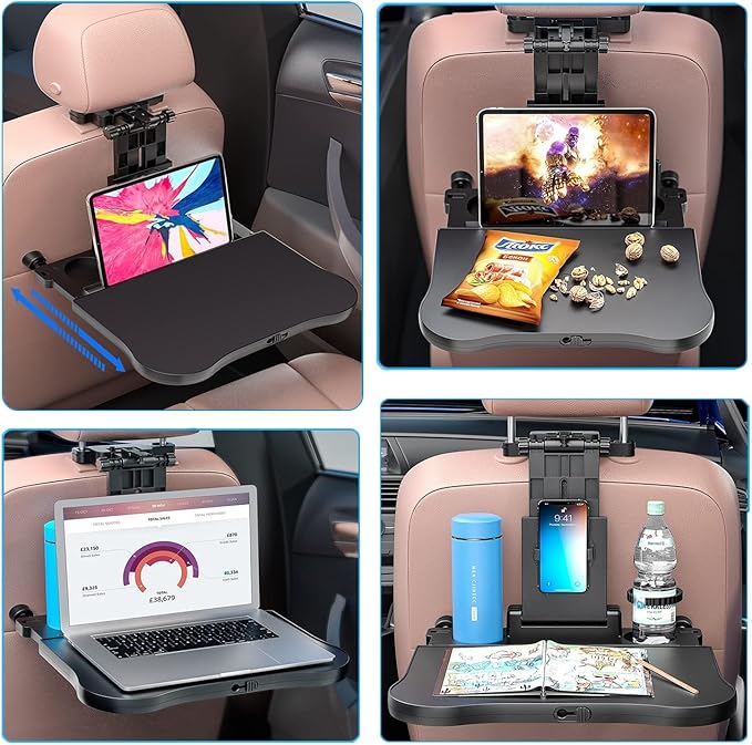 Car Back Seat Tray Table - Stable Foldable Auto Backseat Food Trays Desk for Rear Passenger Road Trip Eating & Work, Multifunctional Adjustable Travel Tray with Phone Drink Holder for Laptop iPad