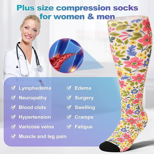 LEVSOX Plus Size Compression Socks for Women Men Wide Calf Extra Large 15-20 mmHg Knee High Sock for Nurses Pregnant Travel