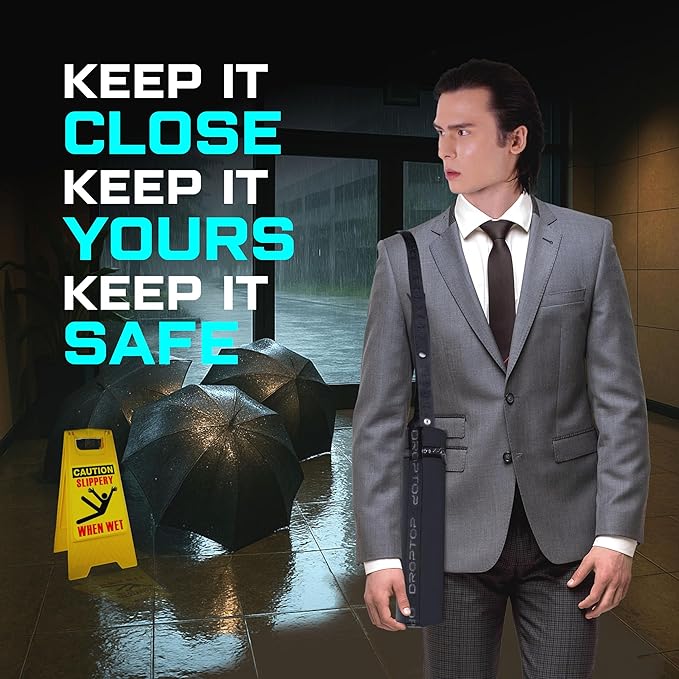 DROPTOP Windproof Compact Umbrella | Plus Crossbody Bag with Leakproof Lining | Hands-Free Carry for Wet or Dry Umbrellas | No Drips, No Hassles, Black