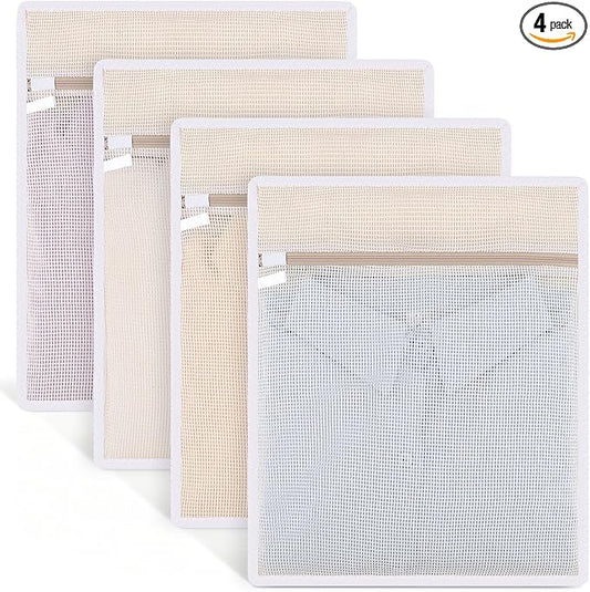 4Pcs Durable Cotton Mesh Laundry Bags for Delicates, 12×16inch Breathable Laundry Mesh Wash Bags with Sturdy Zipper for Delicates, Clothes, Pants, Underwear, Bra, Socks (M)