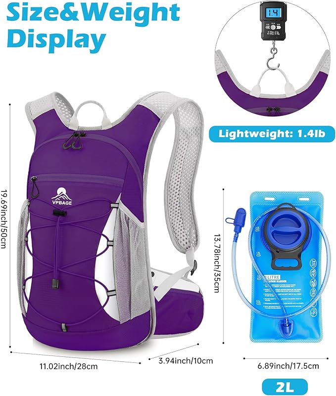 Hydration Backpack with 2L Water Bladder - Lightweight 15L Daypack with Phone-Sized Hip Belt Pockets, Anti-Chafe Cotton Edging & No-Bounce Straps - Small Water Backpack for Hiking, Running, Skiing
