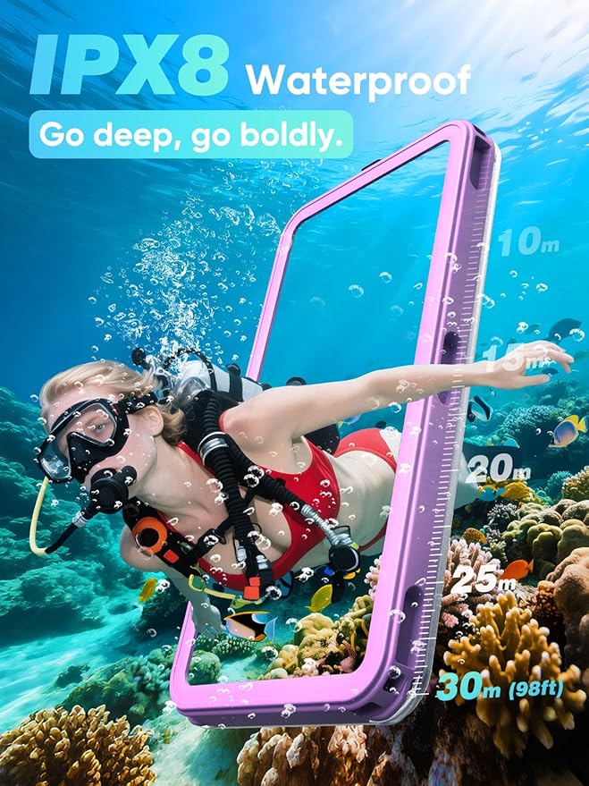 Waterproof Phone Pouch Case 7.5", 2025 Upgraded IPX8 Waterproof Phone Case for Snorkeling, Universal Fit for iPhone 16 Pro Max 15 14 13, Galaxy S25, Beach Vacation Essentials (Purple)