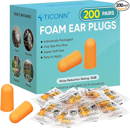 TICONN 200 Pairs Ear Plugs, 32dB Noise Reduction Earplugs for Sleeping Hearing Protection Travel Study Concentration Construction Site (200 Pairs)
