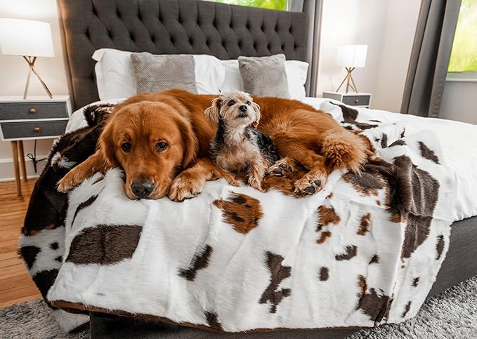 PAW BRANDS PupProtector Waterproof Throw Blanket for Dogs and Cats, Pet Blanket Cover for Couches, Sofas, Beds, Car Seats, Furniture, Calming Soft Faux Fur, Brown Cowhide, Large (80" L x 62" W)