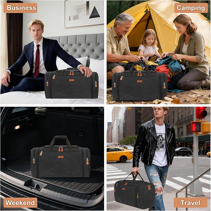 Canvas Mens Duffle Bag for Travel - Expandable 50L Weekender Bags with Toiletry Bag, Overnight Bag Travel Duffel Carry On Luggage with Removable Shoulder Strap, Durable & Water-Resistant